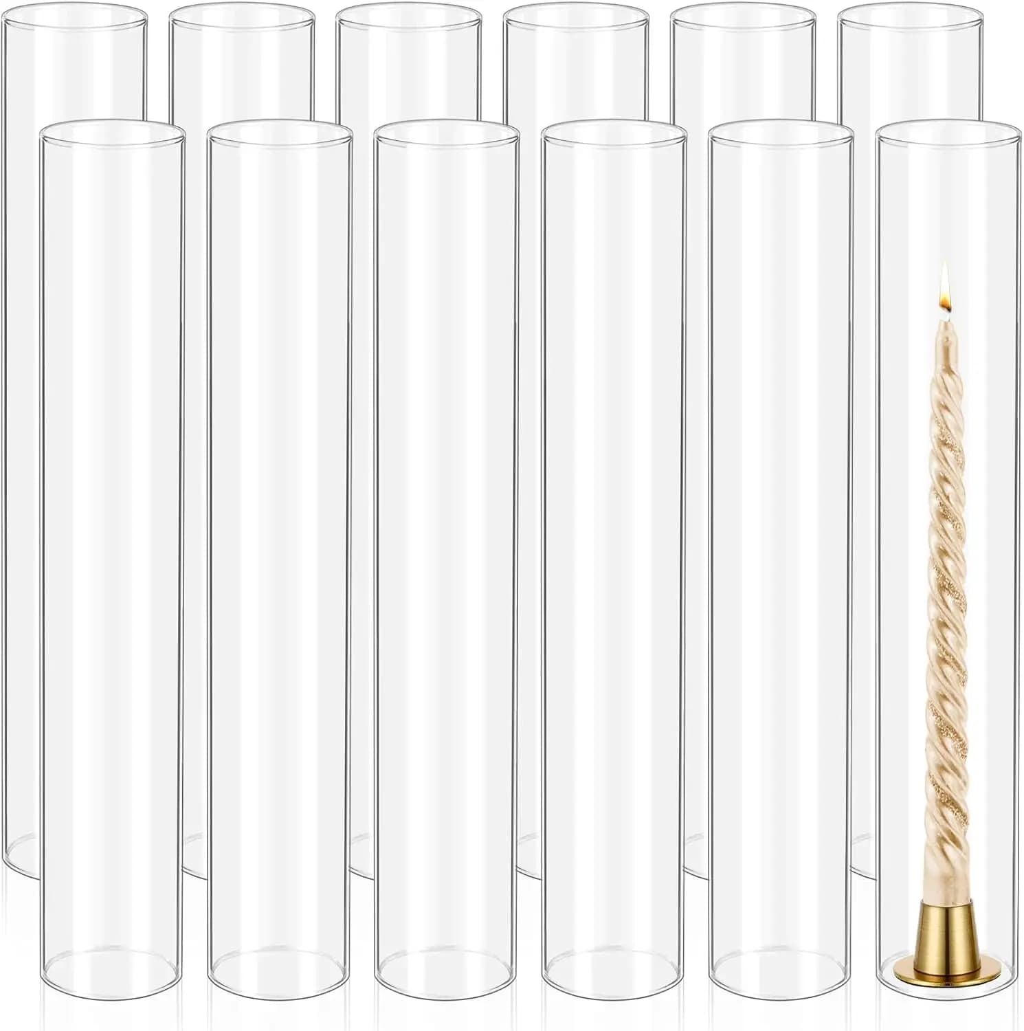 Set of 12 Hurricane candle holder, Height: 14 Inches, Diameter: 2.5 Inches, Glass Cylinders Without Bottom, Transparent Glass Candles Open on Both sides