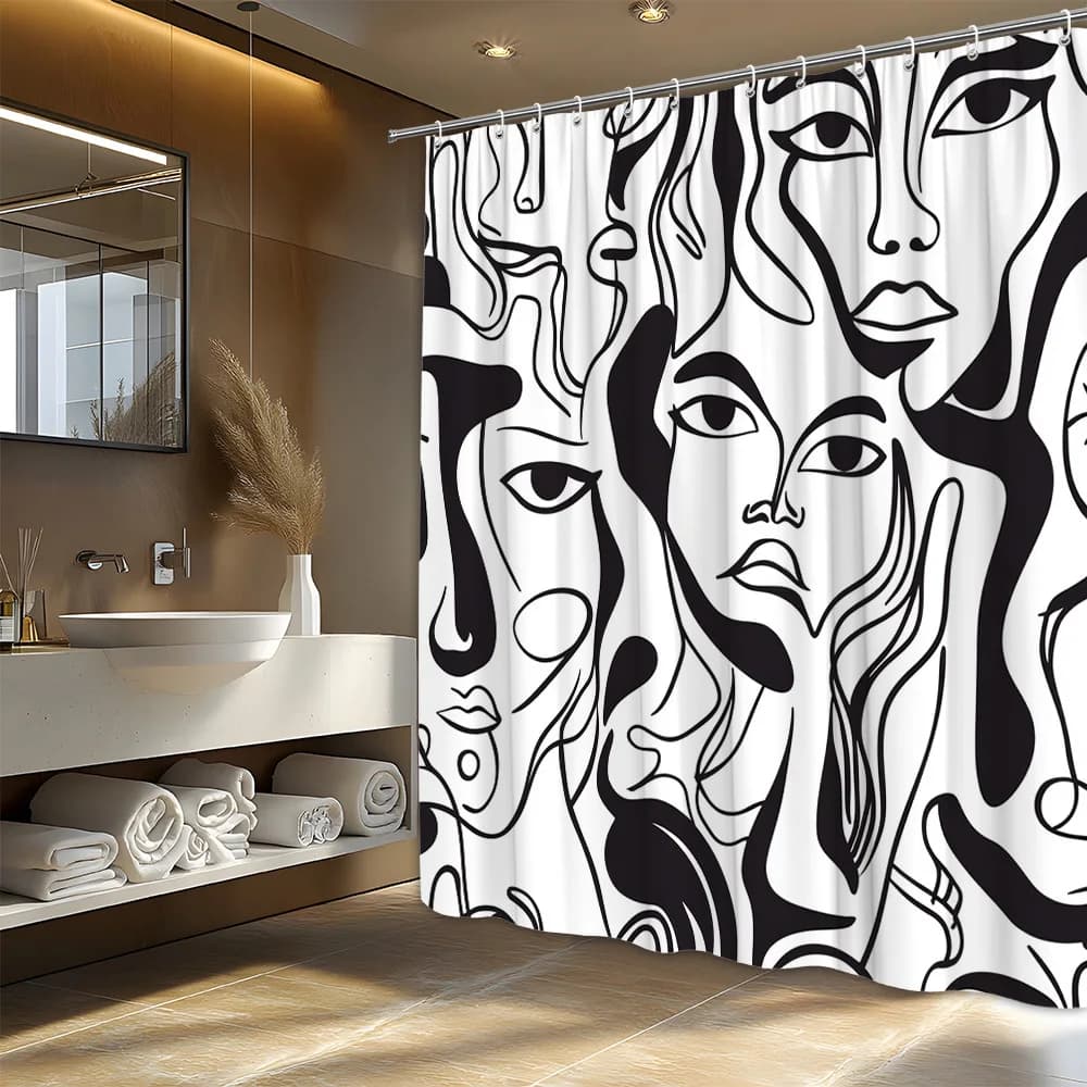 Tenda da doccia con faccia astratta in bianco e nero da 1 pezzo - Design estetico intricato con linee spesse e audace, 12 ganci, 70x70 pollici,