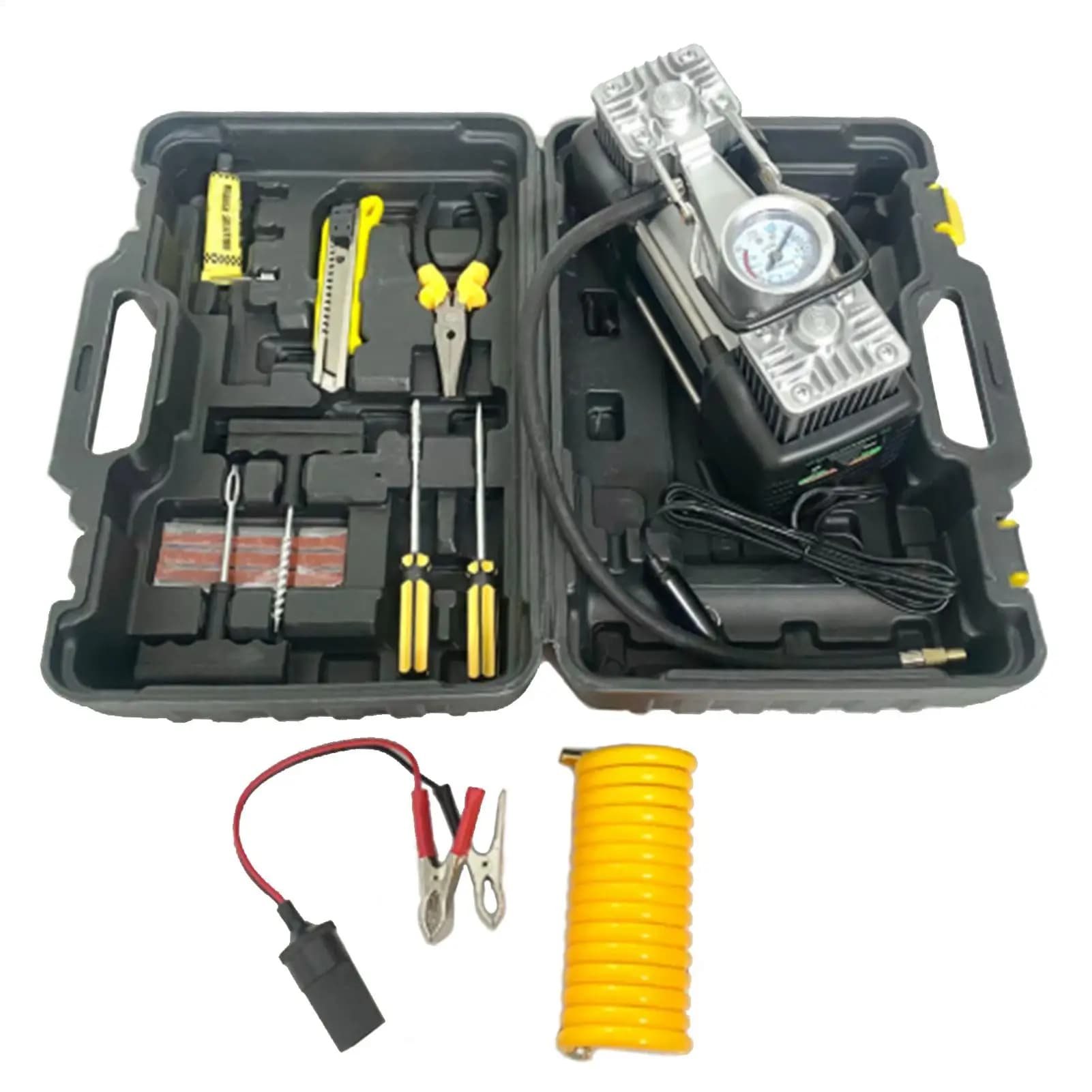 Cassetta degli attrezzi per compressore d'aria 12V, set di strumenti con pompa ad aria per auto, bici, moto, camion, camper, campeggio, garage, officina
