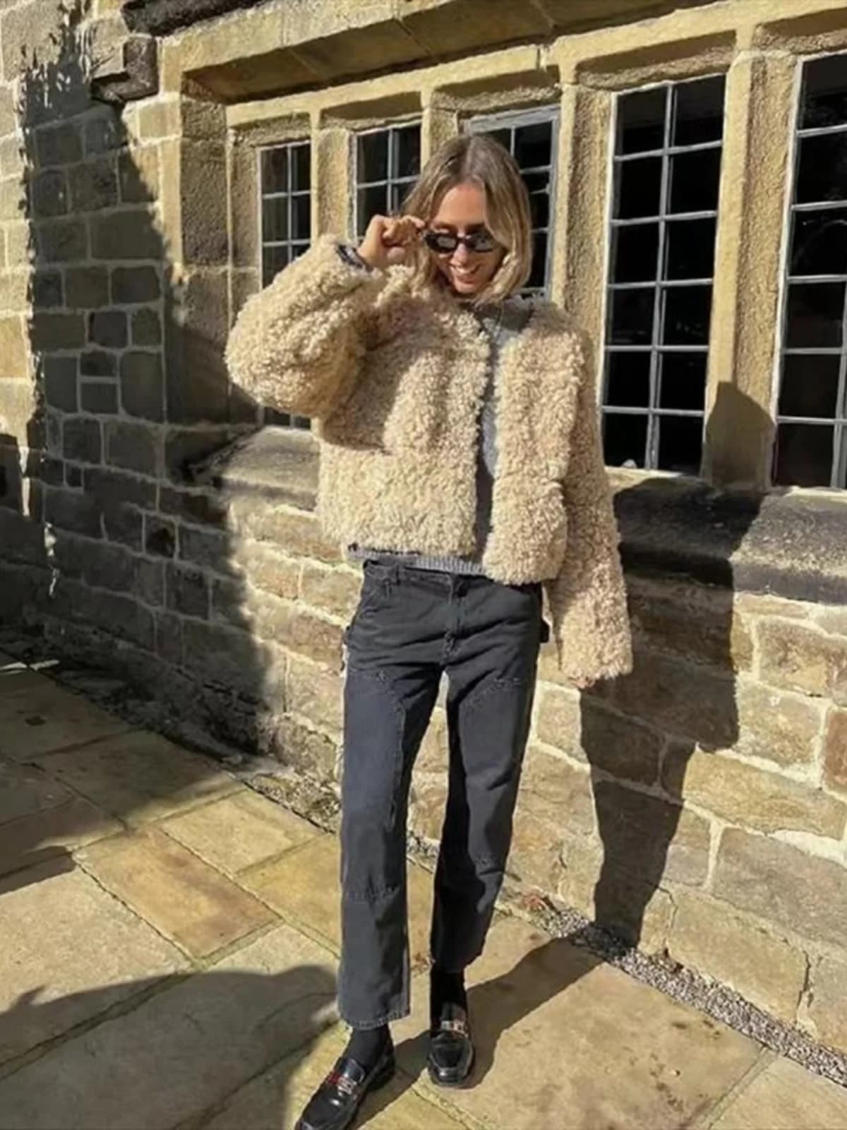Double-Sided Savi Style Autumn Winter Fashion Eco-Leather Fur Integrated Kaki round Neck Warm Fur Coat Ladies Short Jacket