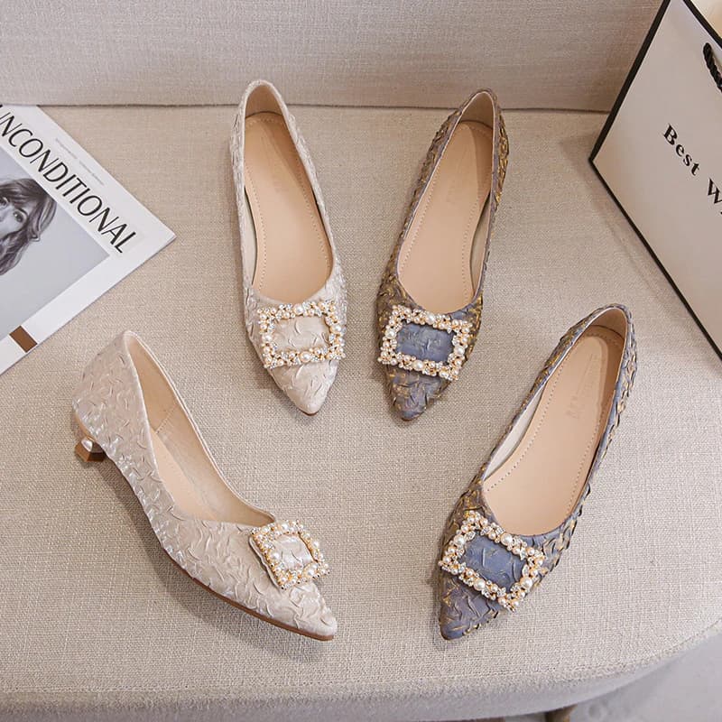 Ivory Textured Satin Pointed Toe Kitten Heel Pumps With Pearl Rhinestone Buckle Elegant Dress Shoes For Office Work Wedding