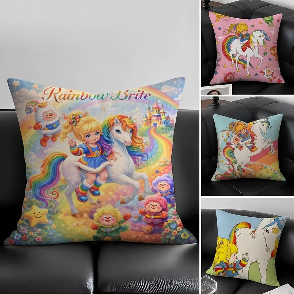 Cartoon Rainbow Brite Cushion Cover Natural Linen Pillowcase Set, All-in-One Decor for Sofa, Bedroom & Chair