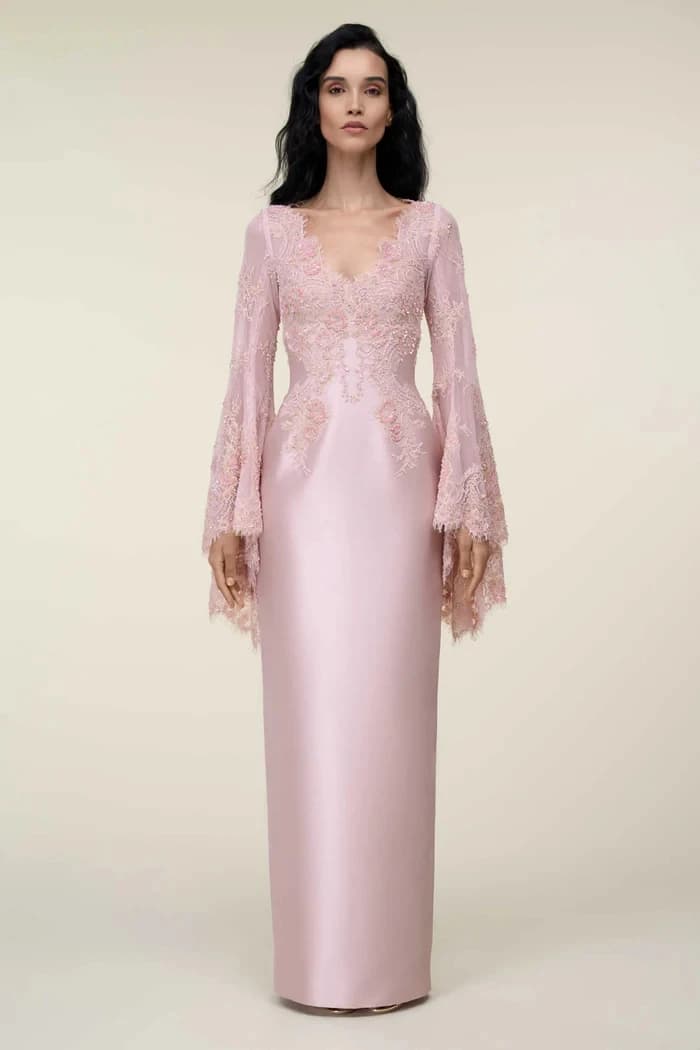 Customized Pale Pink Satin Straight Floor Length Long Sleeve V-neck Prom Dresses Exquisite Appliques Back Zipper Evening Gown