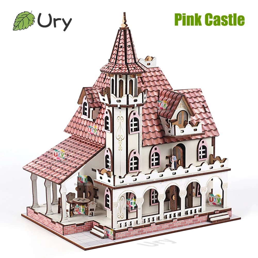 URY 3D Wooden Puzzle Medieval Pink Dream Princess Castle House Assembly Retro Toy for Adult DIY Model Kit Decoration Gifts