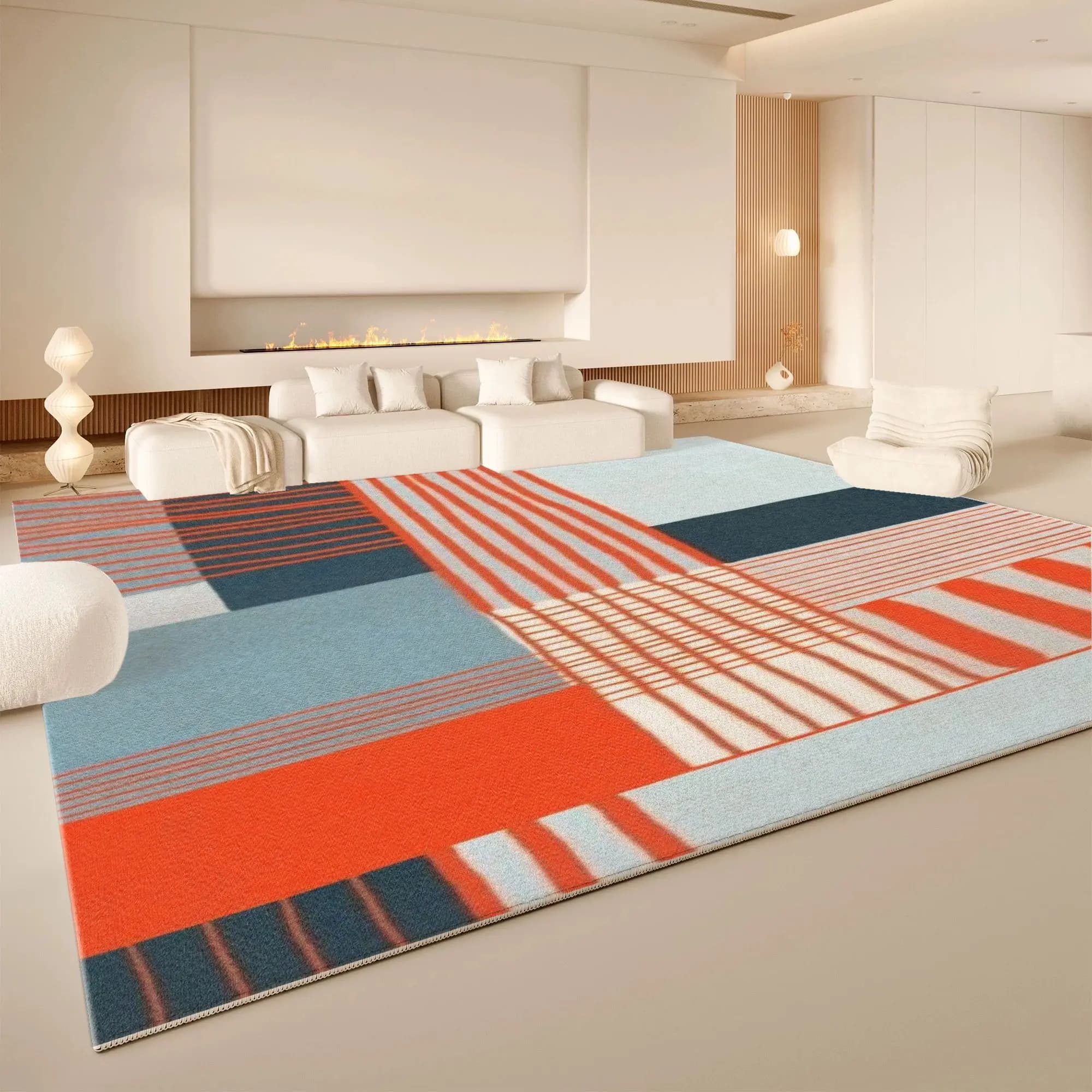 VIKAMA Red Blue Geometric Patchwork Area Rug Washable Non Slip Living Room Carpet Modern Abstract Neutral Home Floor Rug