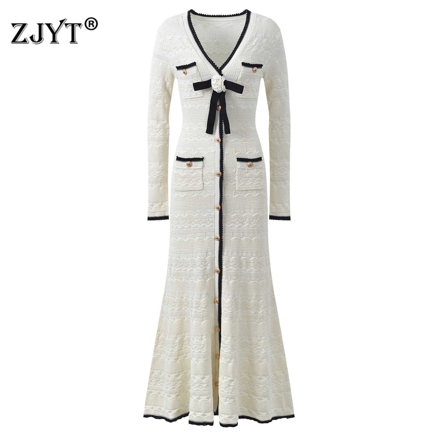 ZJYT Autumn Fashion Women's Knitted Sweater Dresses Long Sleeve Color Block 3D Floral White Midi Party Evening Dress Elegant