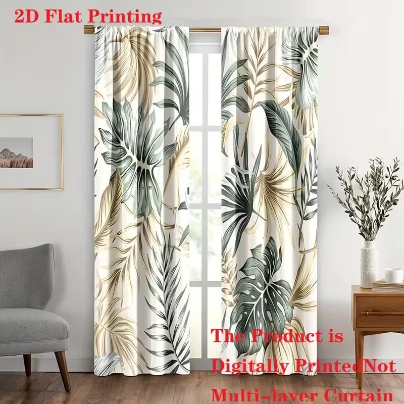 2pcs Tropical Leaf Curtains, Monstera & Palm Pattern, Beige Green Jungle Style, Living Room Bedroom Decor, with Rod Pocket