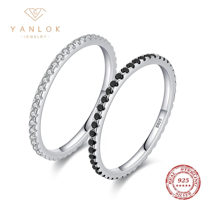 YANLOK Anello in argento sterling 925 con zirconi neri, moda da ufficio, semplice, quotidiano, con zirconi cubici, per le donne, gioielleria raffinata