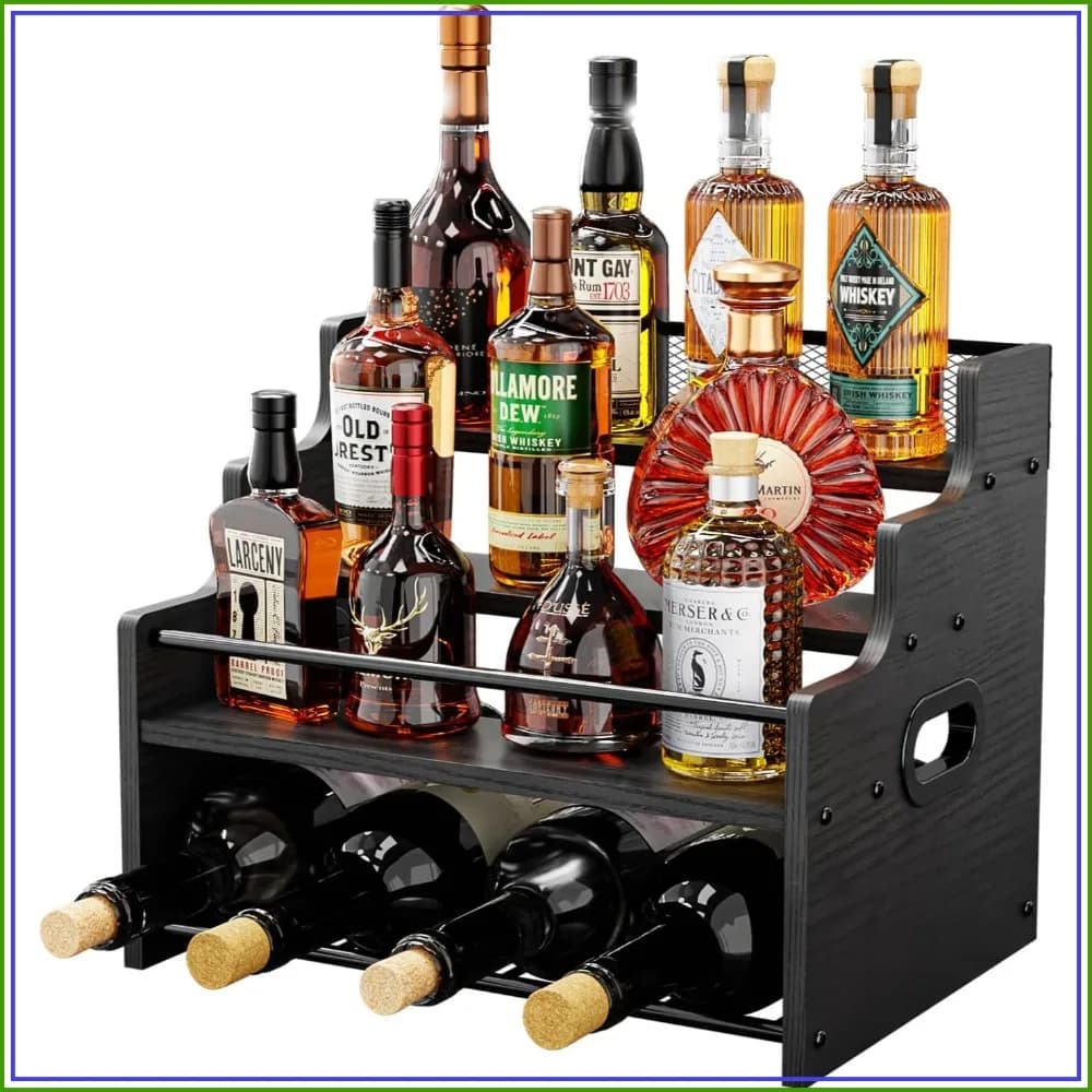 4-Tier Wood Display Shelf, Modern Bottle Organizer, Countertop Bar Stand for Liquor, Coffee Syrup