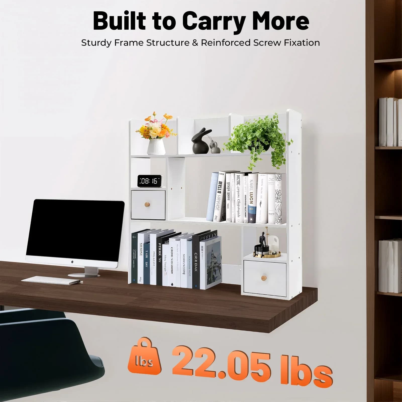 Organizer da scrivania in legno bianco con cassetti, ripiano da scrivania, cassettiera da tavolo, libreria da tavolo per dormitorio dell'ufficio domestico
