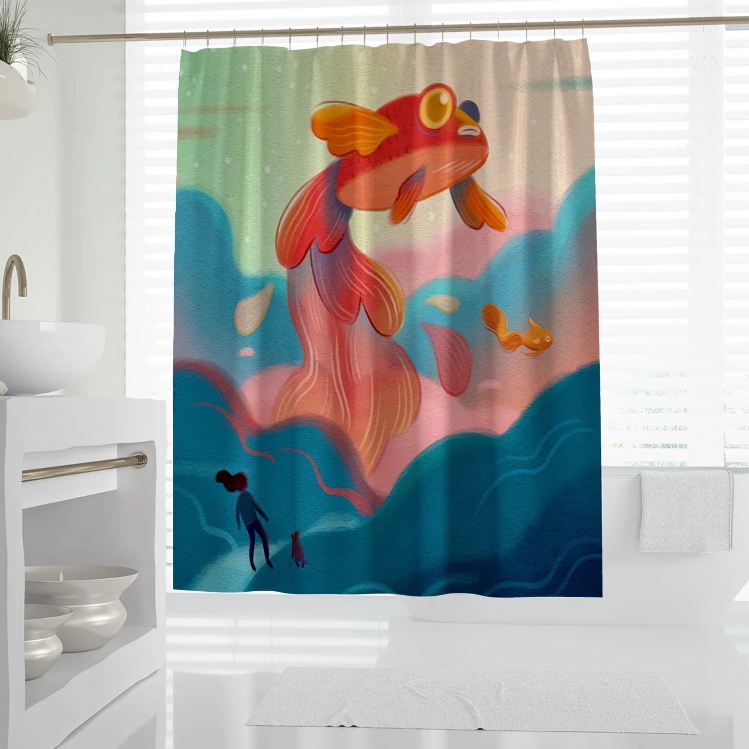 Tenda da doccia moderna e minimalista con stampa di pesci Koi da 1 pezzo - Tessuto in poliestere con design artistico vibrante, lavabile in lavatrice, inclusa