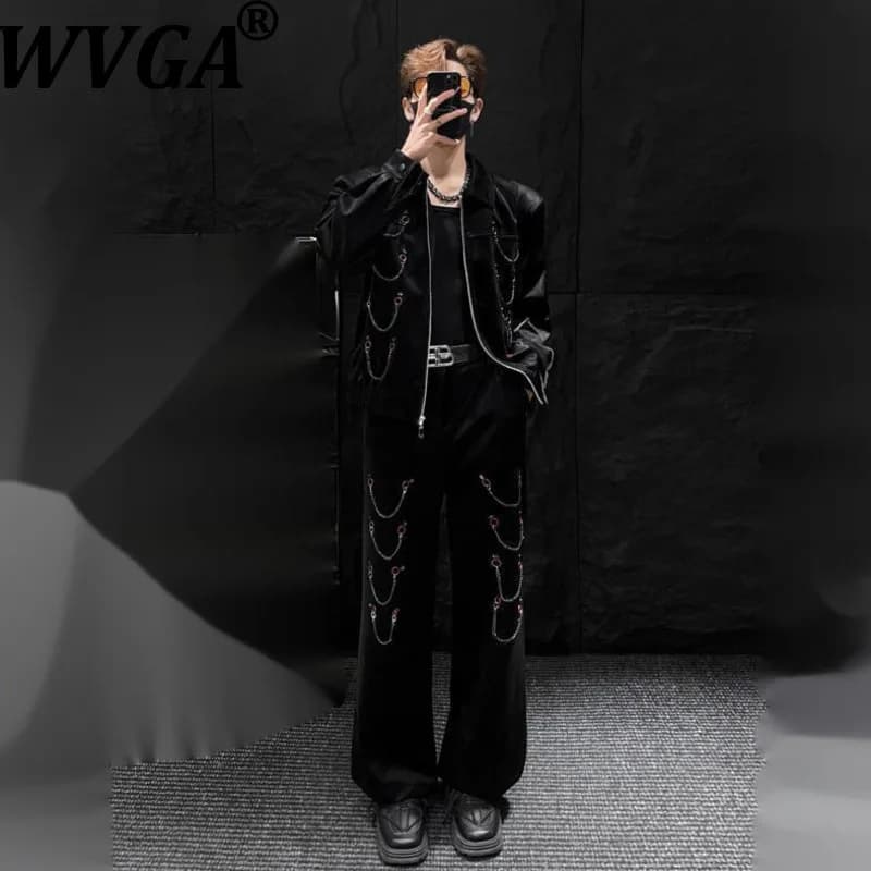WVGA New Set Two Pieces Man Spring Autumn: Corta Trendy Jacket with Metal Chain and Robust Leather Pants Casual Style Chic W20293