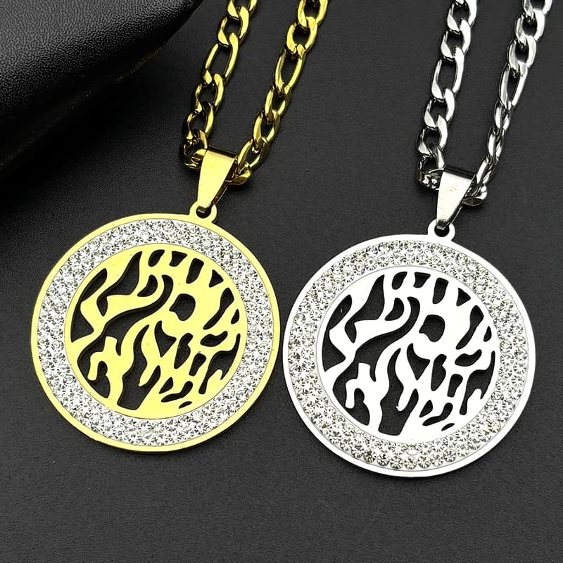 Hollow Rhinestones Round Pendant Necklace for Women Men Stainless Steel Gold Silver Color Amulet Chain Jewelry Gift