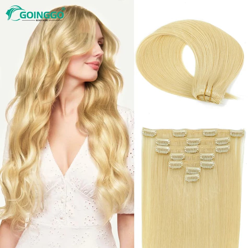 7Pcs Clip In Human Hair Extensions 14-22 Inch 85-120G Remy Straight Full Head Warm Golden Blonde #613