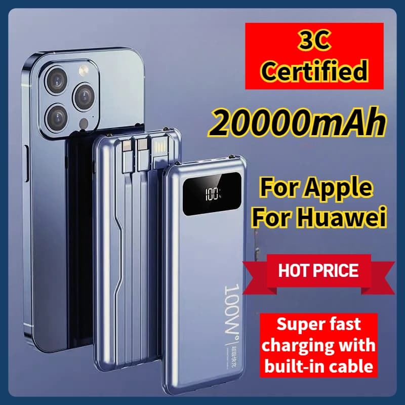 3C Certified 20000mAh for Apple for Huawei Super Fast Charging with Built-in Cable Power Bank