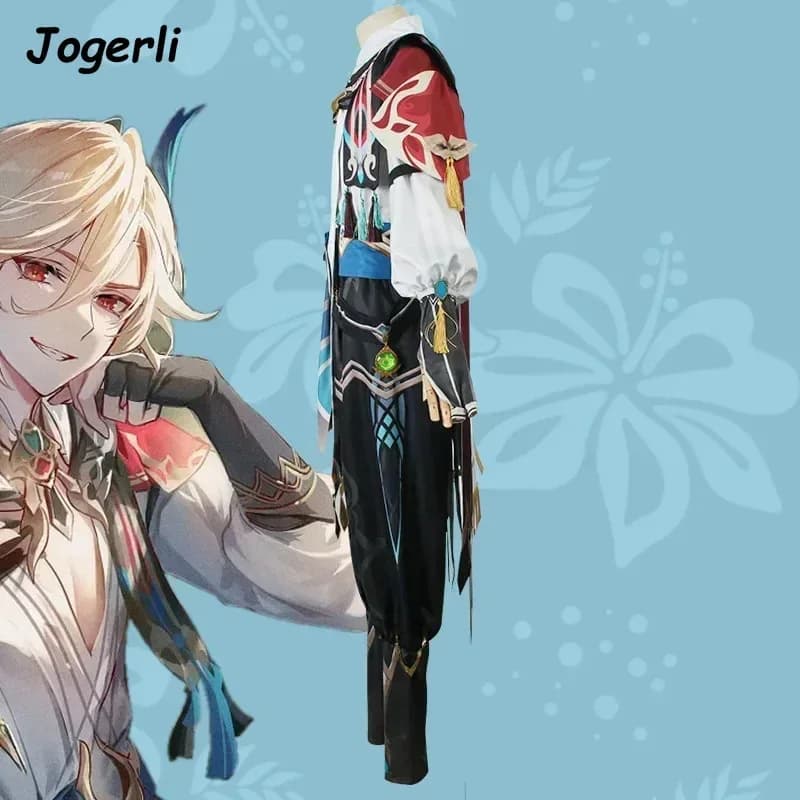 Jogerli Genshin Impact Kaveh Costume Cosplay Gioco di ruolo Pignoni d'oro in fiamme Costume di stoffa da bagno Parrucca Cos Outfitsk;3,c'5.b;8'