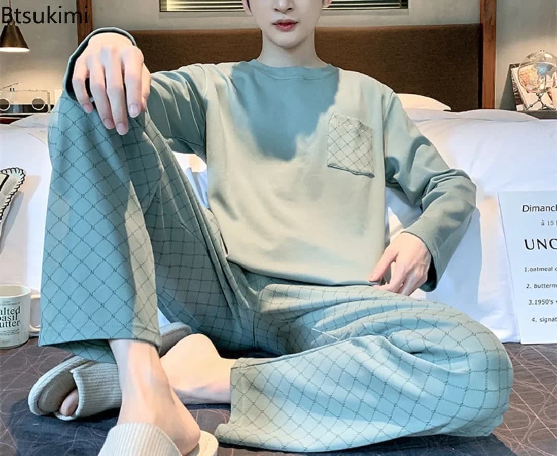 Pigiama da uomo in cotone 2026, set 2 pezzi girocollo patchwork pullover + pantaloni, abbigliamento da notte primavera estate casual, set da casa uomo 4XL