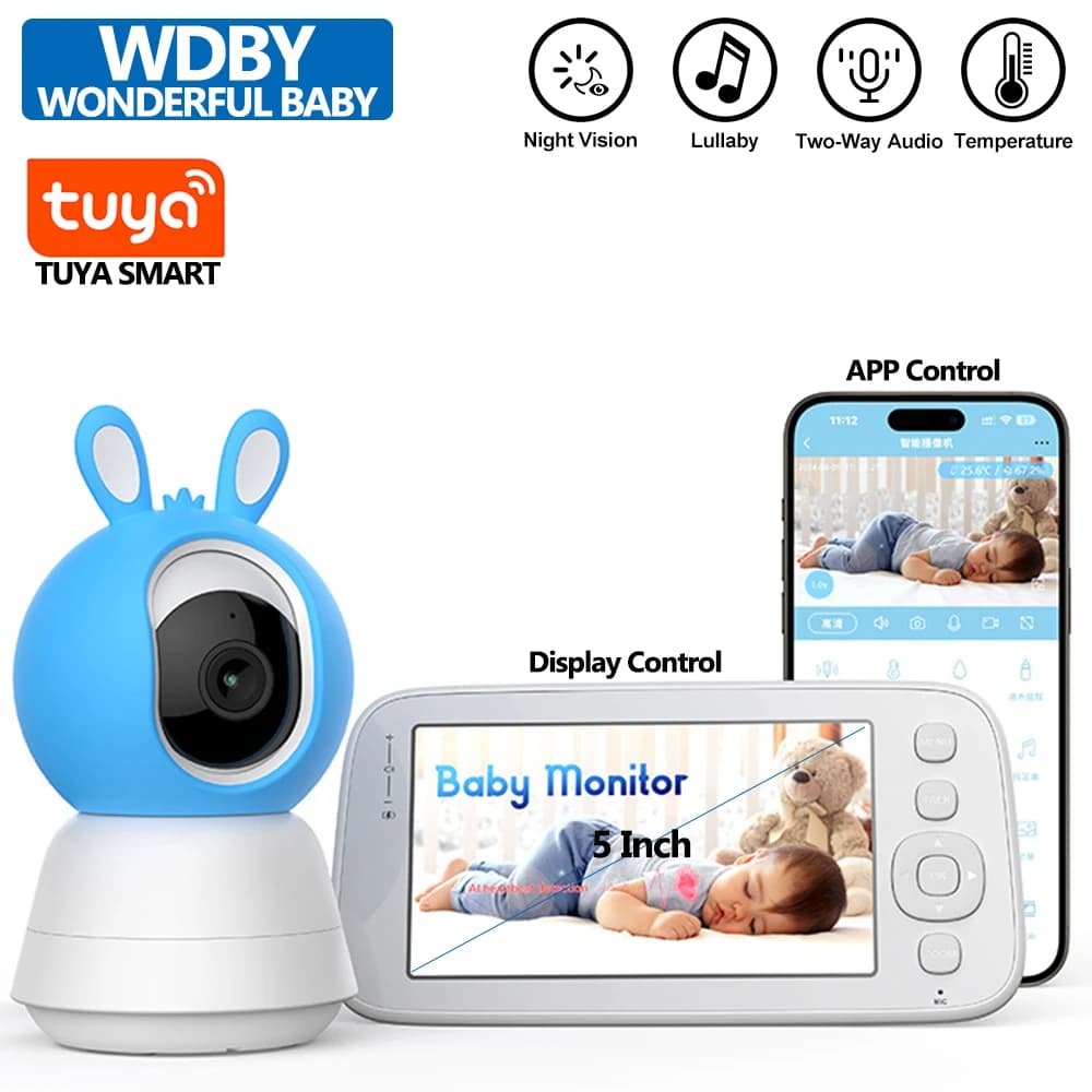 5,0 pollici Tuya Video Baby Monitor, con Pan Tilt Camera, Wireless Two Way Audio, visione notturna, sicurezza Babysitter, APP telecomando