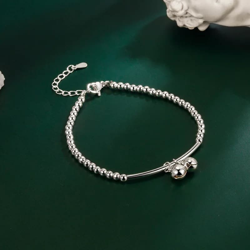 Sterling Silver Color Bracelets for Women Geometric Beads Bell Charm Female Hand Chain Link Orignal Fashion Jewelry With Stamp