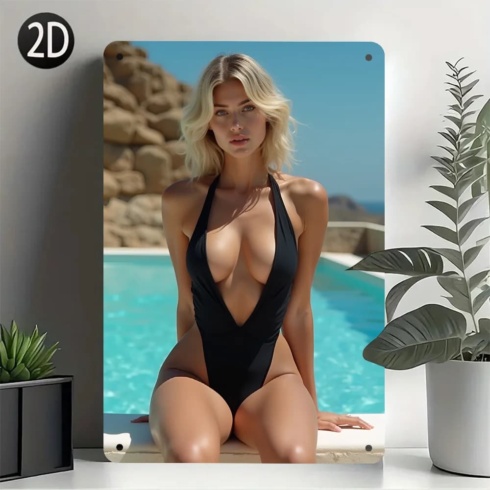 2D Retro Iron Poolside Bikini Girl Metal Sign for Man Cave Bar Garage Wall Art Decor