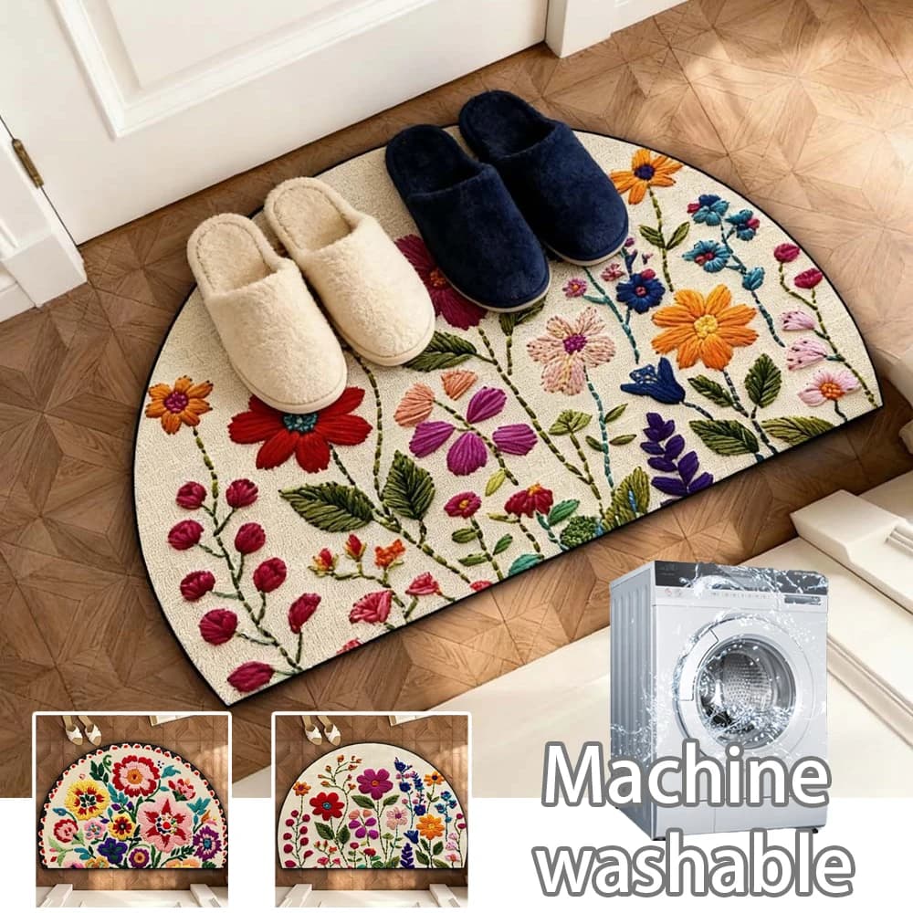 Embroidery Pattern Crystal Velvet Doormat Semi-Circular Non-Slip Water Absorbent Floor Rugs for Bedroom Bathroom Entrance Hogar