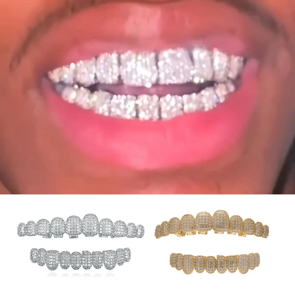 YOUNGX 10/10 Top Bottom Iced Out Full CZ Pietra Denti Grillz Bretelle Hip Hop Lucido Zircone Dente Caps Per Le Donne Degli Uomini Gioielli Cosplay