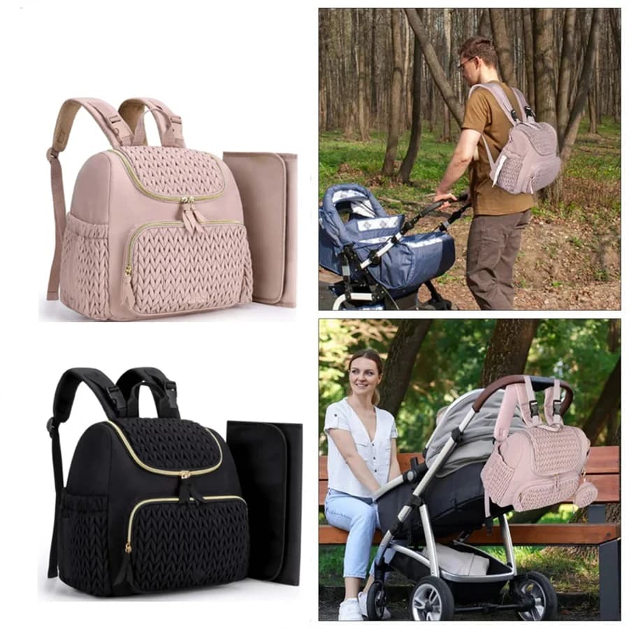 Large Capacity Maternity Diaper Bag Backpack Knit Pattern Baby Nappy Backpack With Changing Pad For Outdoor Travel Stroller Hanging