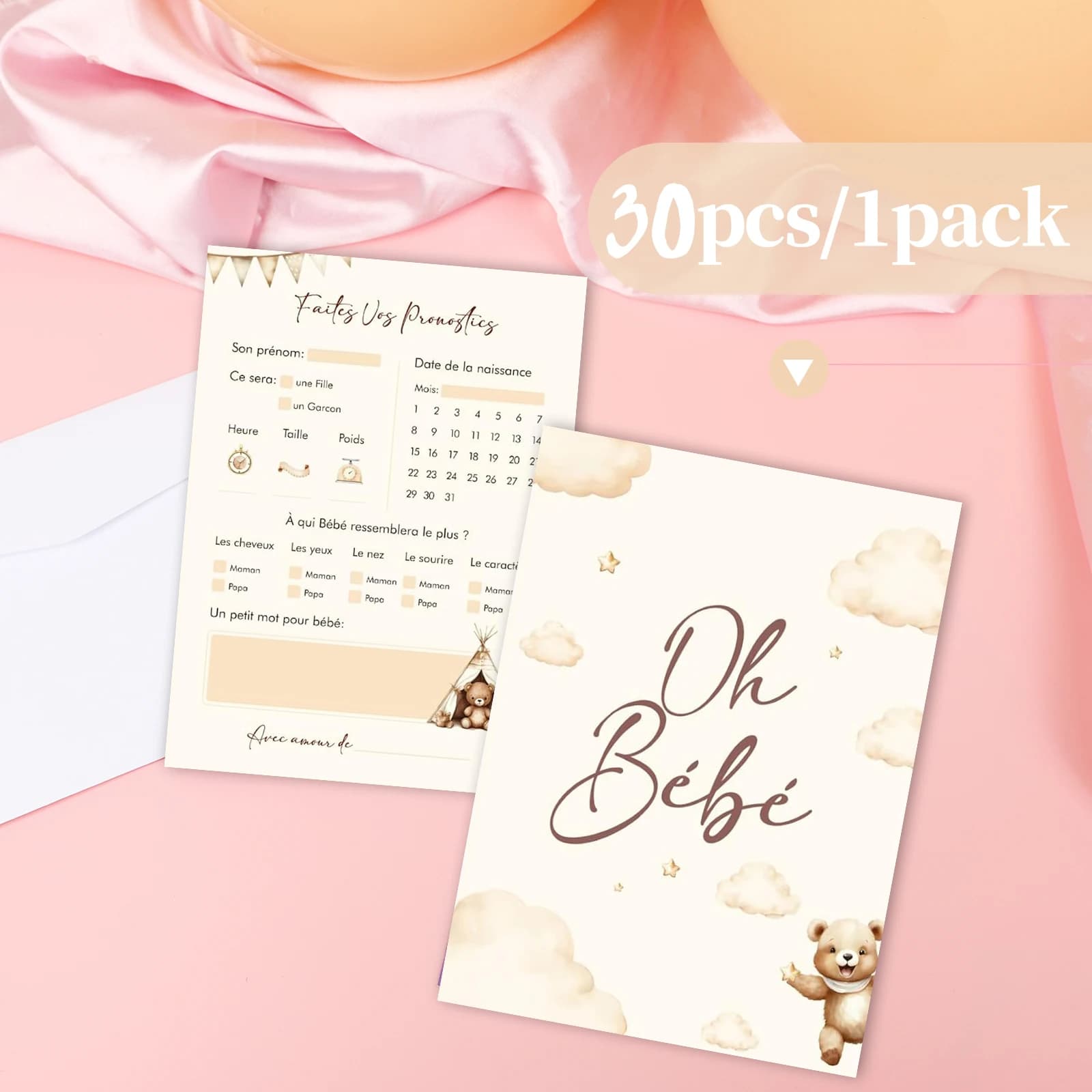 30 biglietti per indovinelli francesi per baby shower, biglietti per indovinelli con orsi carini, previsione (Nome, dimensioni, peso...) e auguri ospiti di nascita, P