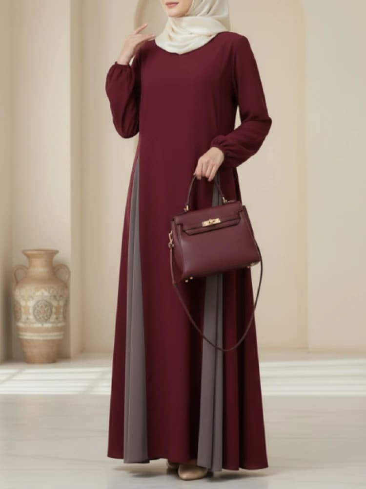 ZANZEA Modesto Hijab Abaya Long Dresses Elegant O-Colle Long Sleeve Patchwork Contrast Color Maxi loose Muslim dress