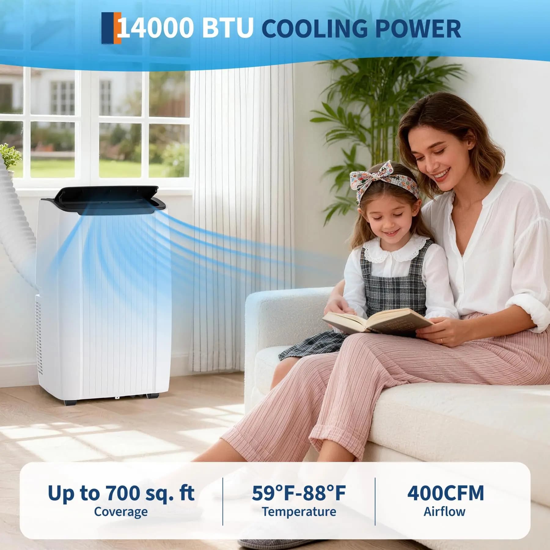 Condizionatore d'aria portatile da 14000 BTU, unità AC 3 in 1 con telecomando, timer 24 ore, ventilatore deumidificatore, kit per finestra per casa, ufficio, garage
