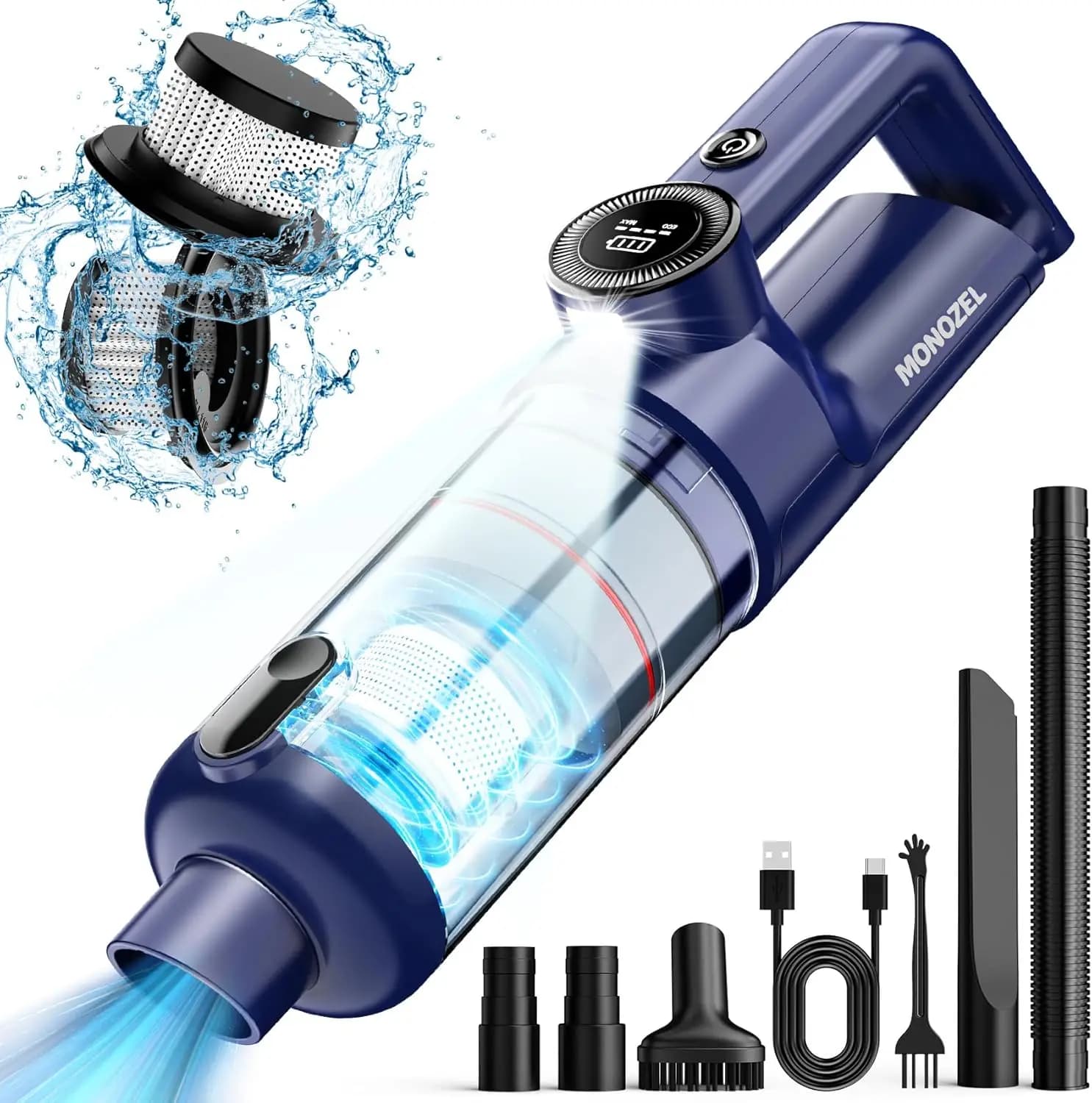 Aspirapolvere Portatile Senza Fili con Motore Brushless, Potente Aspirazione 15kPa, Luce LED, Porta Type C, 2 Filtri per Casa, Animali Domestici e Auto
