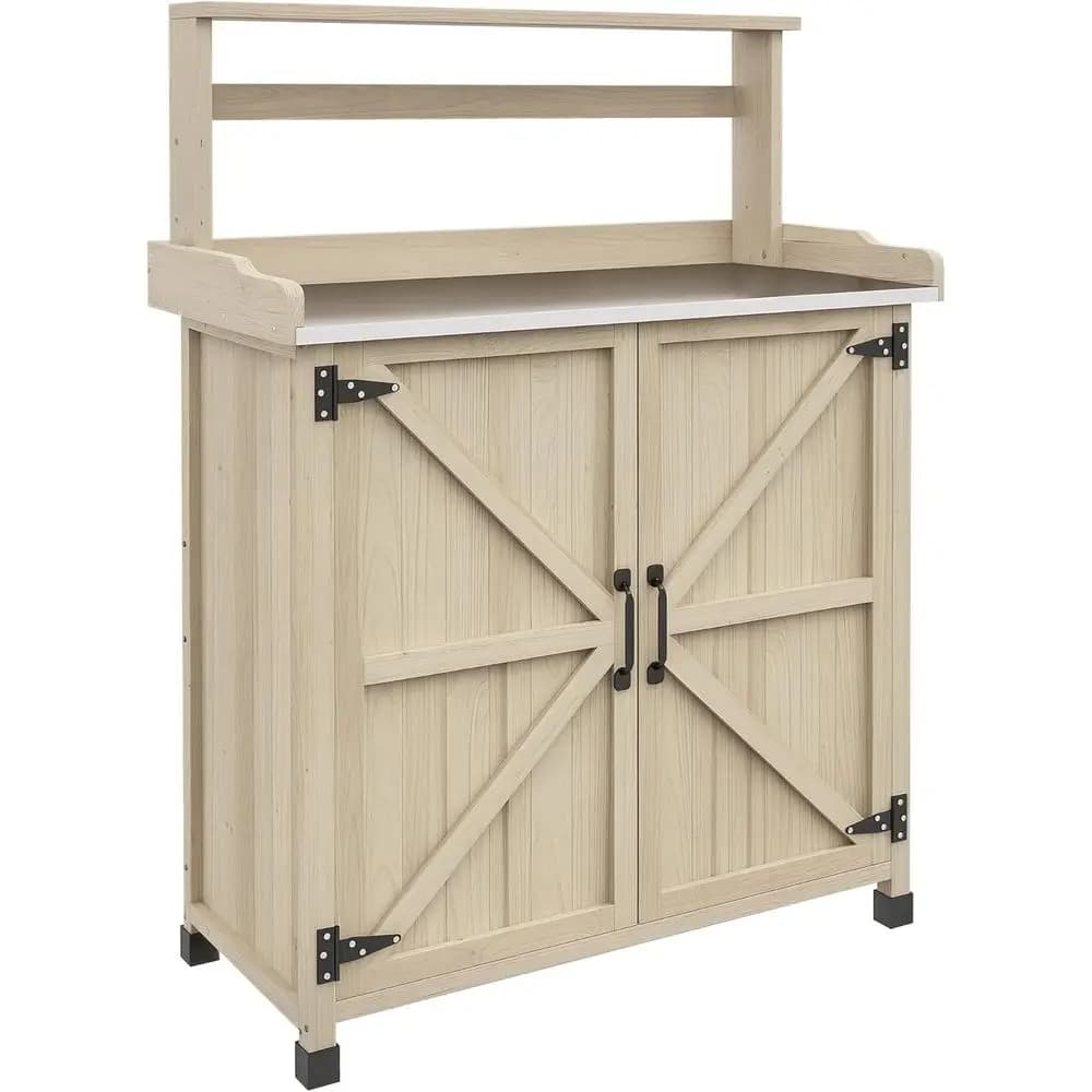 Invading bench, outdoor wooden table with storage cabinet with 2 shelves, garden bench with galvanized tablet