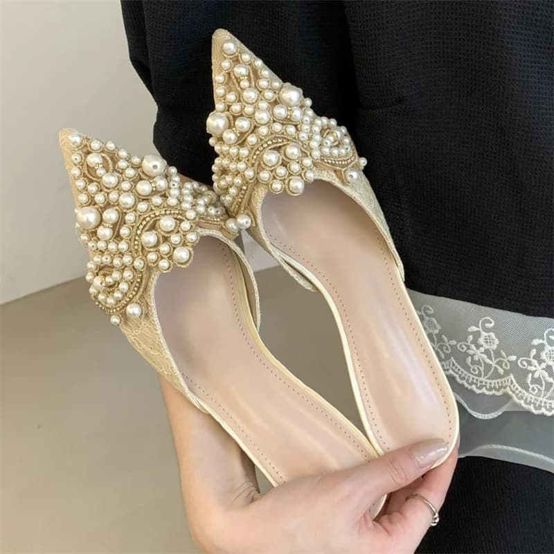 Eilyken Comfortable Design String Beads Pointed Toe Mules Slippers Women Fashion Thin Low Heels Casual Party Dress Shoes
