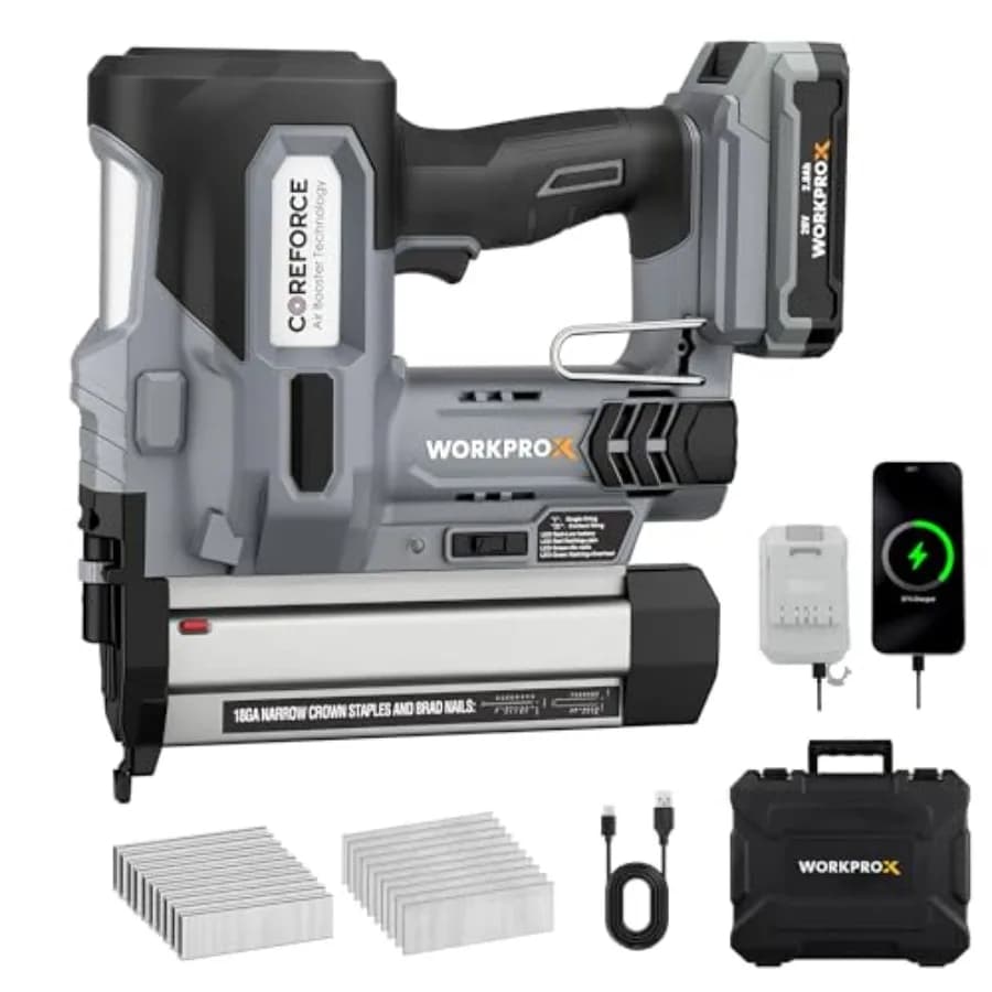 Chiodatrice/agrafatrice a batteria 2-in-1 per falegnameria e tappezzeria, corpo in acciaio nero-grigio, calibro 18, versatile per il fai da te e il miglioramento domestico