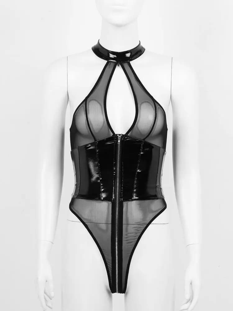 Sleeveless Halter Mesh PU Leather Patchwork Swimwear Zip With Horse Opening Sweat Body Sukumizu Sexy Clubwear Body Teddies