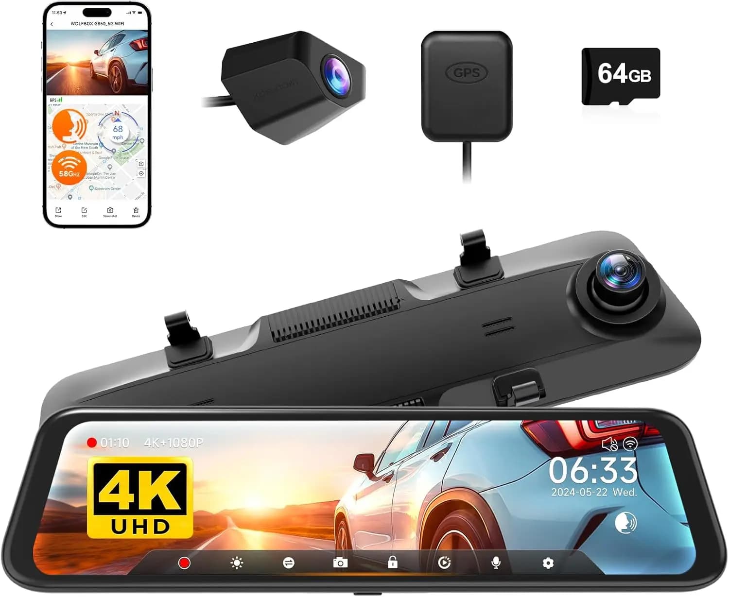 Telecamera per Specchietto Retrovisore 12" 4K con WiFi 5.8GHz e Controllo Vocale, Dash Cam Intelligente Anteriore e Posteriore, Telecamera di Retromarcia 1080P, WDR, Include Scheda 64GB e GPS