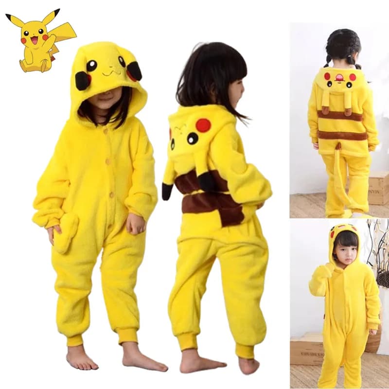 Pokemon Pikachu Caldo Flanella Homewear Bambini Autunno e Inverno Morbido Tutina Cosplay Animale Con Cappuccio Pigiama Genitore-Figlio Ragazze Indumenti Da Notte