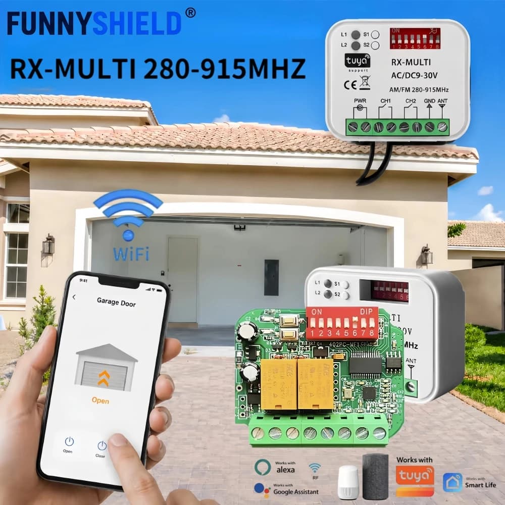 FUNNYSHIELD WIFI Garage Door Remote Control Relay Receiver 2CH Controller Smart Switch 433mhz 868MHz Tuya RX-MULTI 280-915MHz