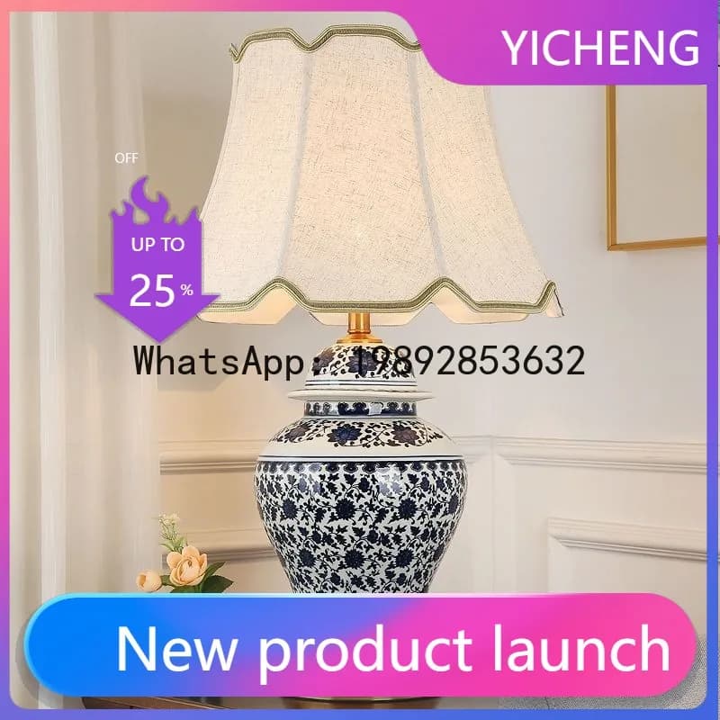 Lampada da scrivania HYS per camera da letto, semplice, romantica, calda, con telecomando, nuova lampada da comodino in porcellana cinese blu e bianca