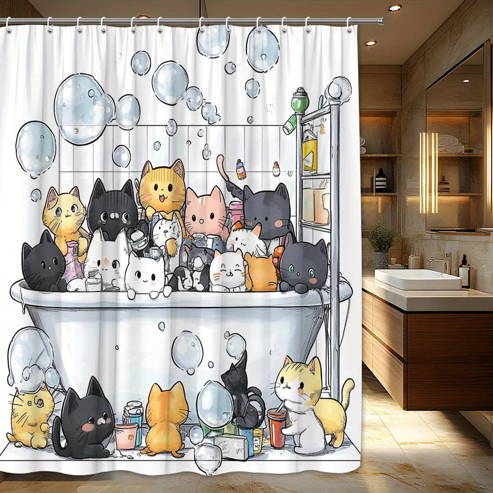 Tenda da doccia per gatti giocosi da 1 pezzo - Decorazione stravagante per il bagno in poliestere con nove adorabili gatti nella vasca da bagno circondata da bolle