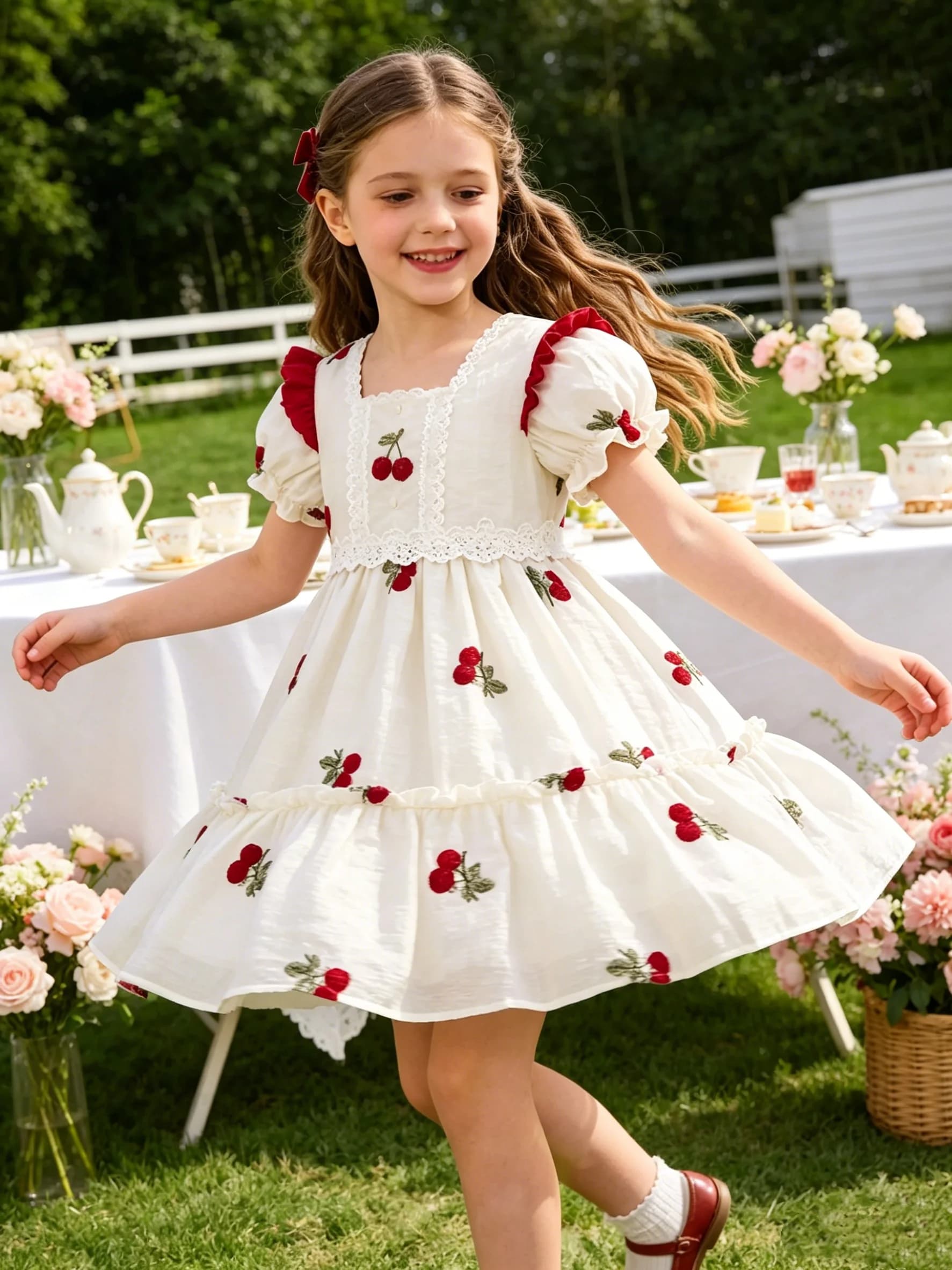 Summer New Cherry Embroidery Gentle Style Princess Skirt for Girls Soft Cotton Vintage A-Line Kids Dress