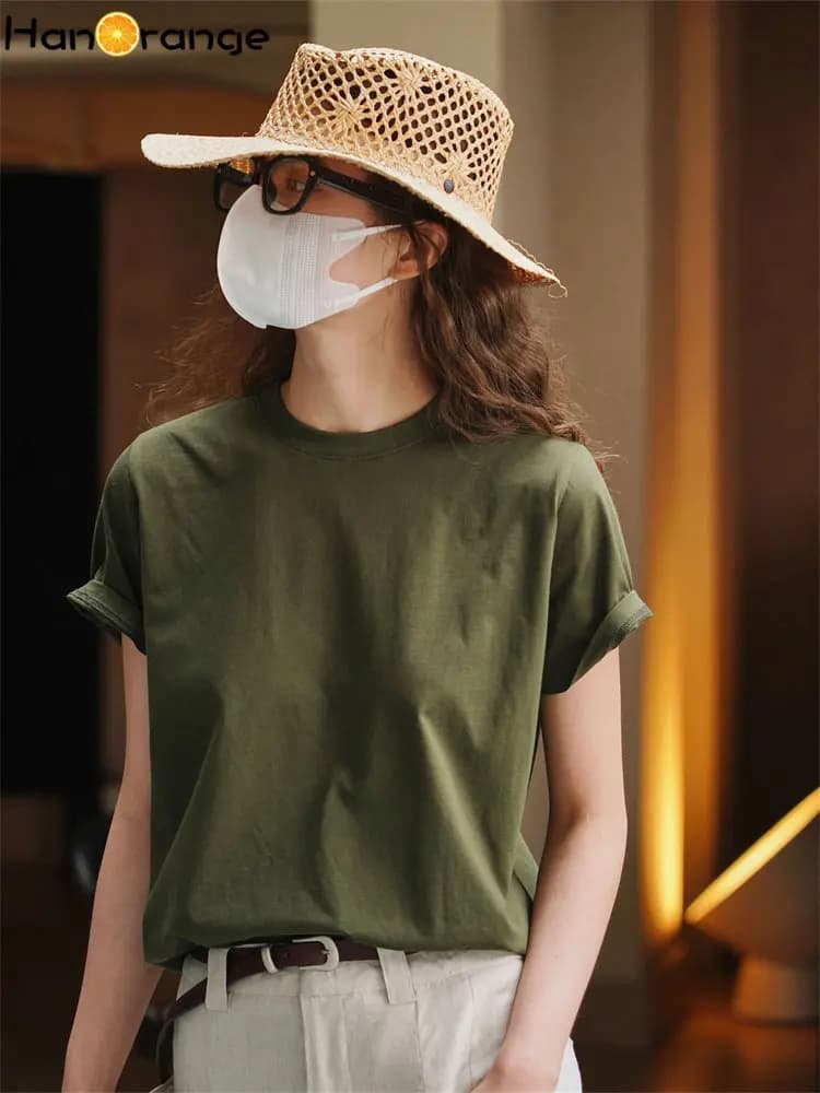 HanOrange 2026 Summer Simple 100% Cool Cotton Short Sleeve T-shirt Women Loose Silhouette Tees Female White/Black/Military Green