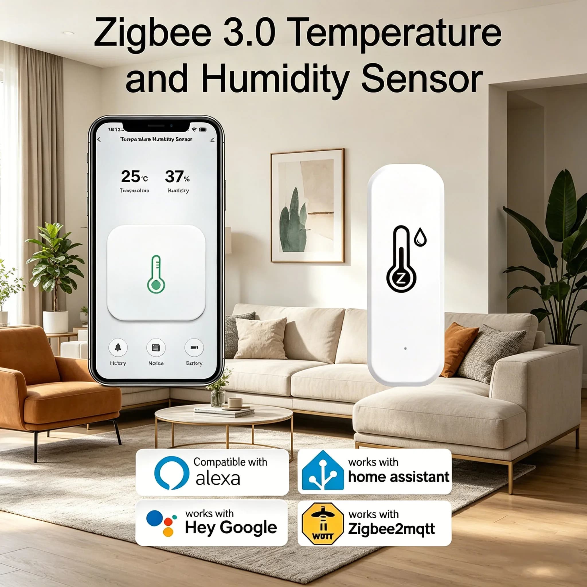 Intelligent Temperature and Humidity Sensor Tuya Zigbee, Hygrometer and Internal Thermometer, Domestic Automation with Real Time Data, Compatible with Alexa