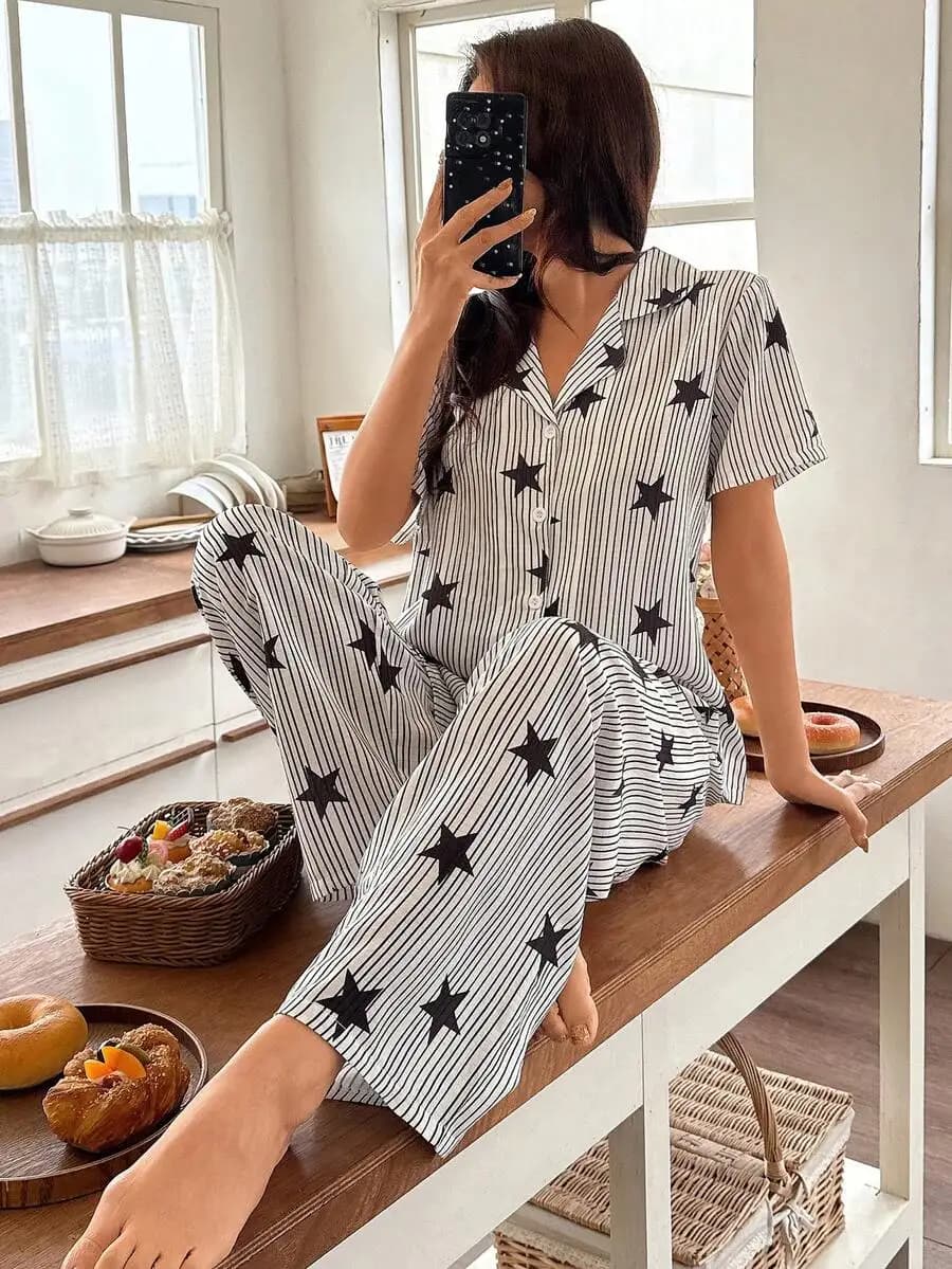 Set Pigiama Estivo da Donna con Cardigan a Righe e Stelle, Abbigliamento da Notte e Loungewear