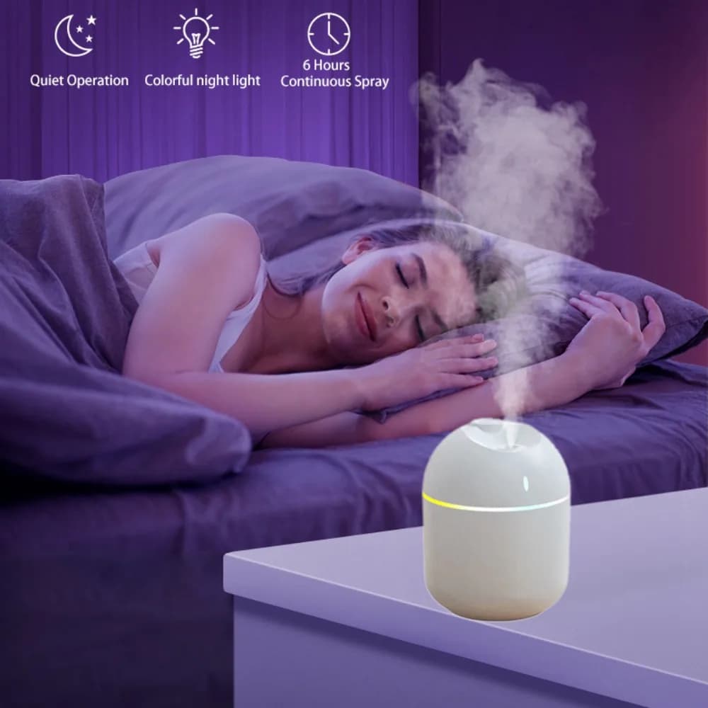 Umidificatore d'aria da 270 ml, diffusore di aromi a nebbia fredda, luce notturna a LED, protezione spegnimento automatico, umidificatore USB per casa e ufficio