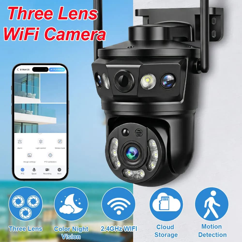 Three Lens WIFI IP Camera Outdoor 9MP Three Screen PTZ Camera Human Detection Smart Home CCTV Video Security Camera Waterproof