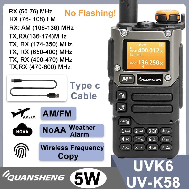 Quansheng UV-K6 Walkie Talkie 5W Air Band Radio Tipo C Carica UHF VHF DTMF FM Scrambler NOAA Frequenza wireless Radio CB bidirezionale