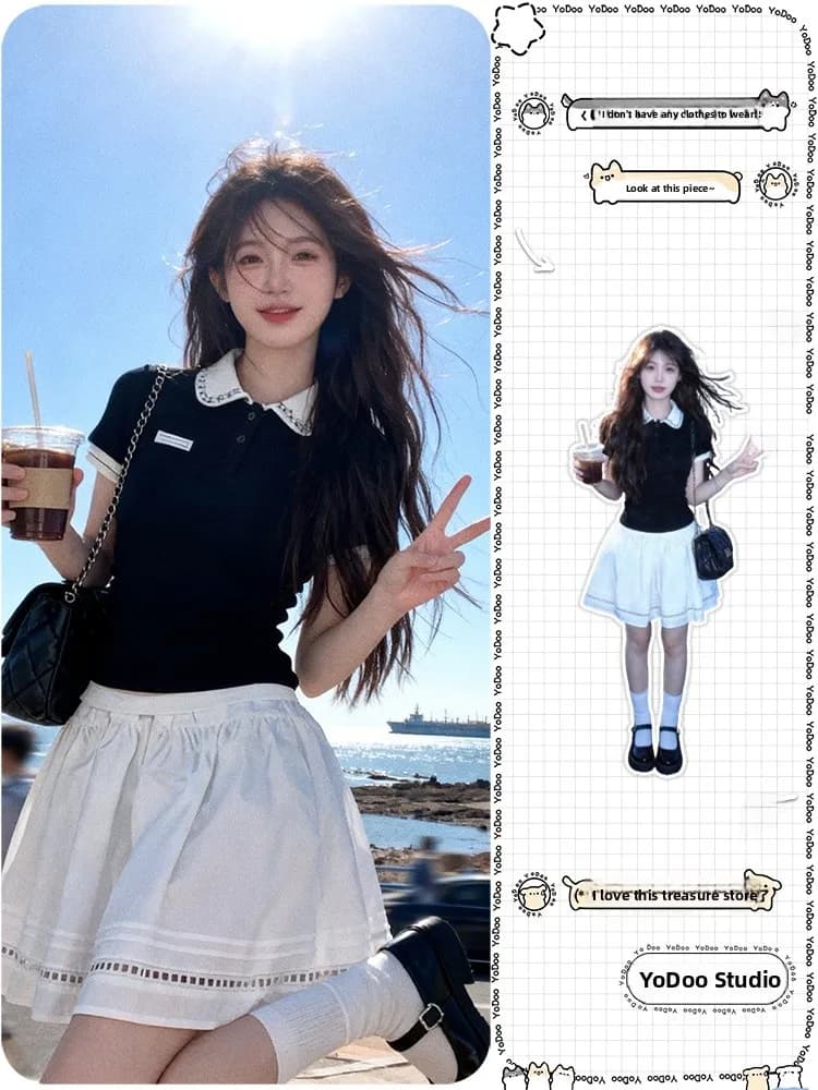 Miu Series Doll Collar Knitted Top And Half Skirt Women's Summer Fashion Set Color Block Wood Grain Casual Breathable