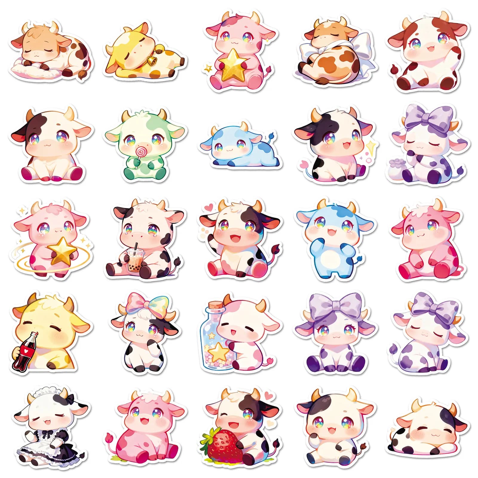 50PCS Cartoon Dairy Cow Stickers Waterproof Cute Animals Color Graffiti Decoration Notebook Suitcase Guitar Refrigerator Decals