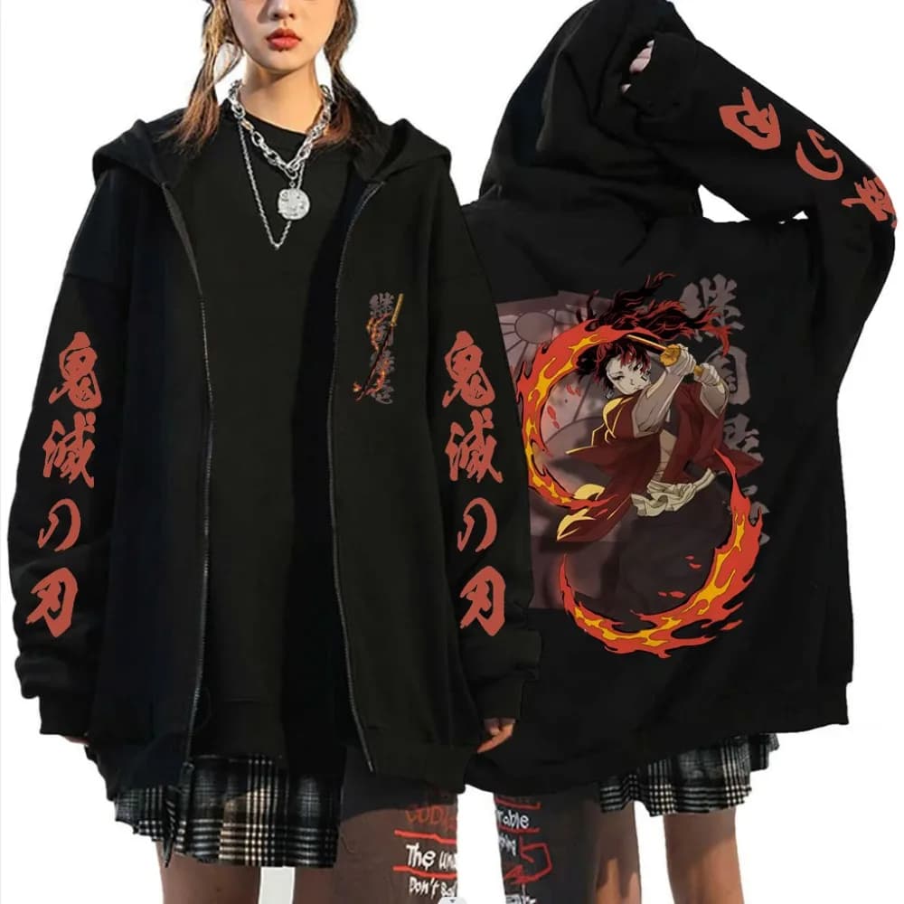 New Demon Slayer Tsugikuni Yoriichi Merch Felpa con cerniera Uomo Donna Moda Giacca con zip oversize Uomo Felpa con zip in pile